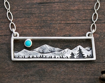 Home in the Valley - Turquoise Mountain Range Bar Necklace - Sterling Silver - Gift for Nature Lovers