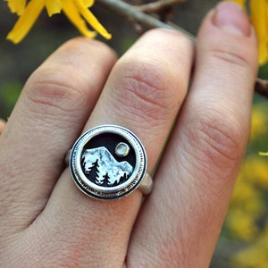 Mountain Shadowbox Ring Moonstone and Sterling Silver Mountain Full Moon Pine Trees Nature Landscape Statement Ring Hammered Band image 3
