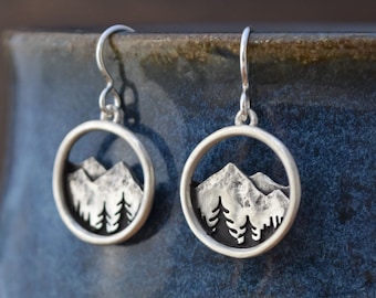 Alpine Dreamer Earrings - Mountains and Pine Trees - Round Dangle Earrings - Sterling Silver - Gift for Outdoor, Adventure, & Nature Lovers
