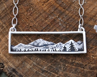 Home in the Valley - Mountain Range Pine Trees Pendant - Wanderlust Landscape Jewelry - Sterling Silver Bar Everyday Necklace
