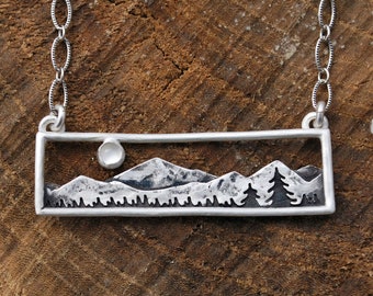 Home in the Valley - Moonstone Mountain Range Bar Necklace - Full Moon Landscape - Sterling Silver - Gift for Nature Lovers