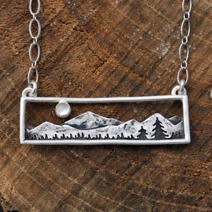 Home in the Valley Moonstone Mountain Range Bar Necklace Full Moon Landscape Sterling Silver Gift for Nature Lovers image 1