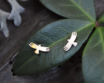 Tiny Solid 14K Gold Eagle / Hawk Stud Earrings - Free Flying Bird Silhouettes - Yellow Gold Minimalist Nature Earrings