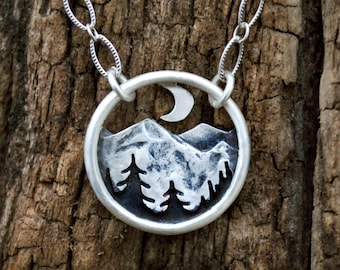 Alpine Dreamer - Crescent Moon and Mountain Pine Trees Pendant - Forest at Night Necklace - Everyday Mountain Jewelry - Sterling Silver Gift