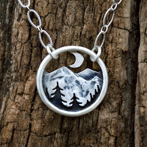 Alpine Dreamer - Crescent Moon and Mountain Pine Trees Pendant - Forest at Night Necklace - Everyday Mountain Jewelry - Sterling Silver Gift