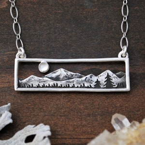 Home in the Valley Moonstone Mountain Range Bar Necklace Full Moon Landscape Sterling Silver Gift for Nature Lovers image 5