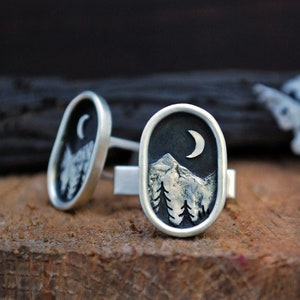 Mountain & Moon Cufflinks - Sterling Silver - Crescent Moon, Pine Forest, Mountains - Wedding Accessory for Him