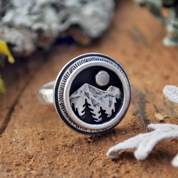 Mountain Shadowbox Ring - Moonstone and Sterling Silver - Mountain Full Moon Pine Trees - Nature Landscape Statement Ring - Hammered Band