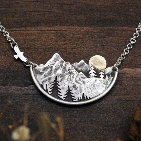 Adventure Awaits - Original Mountain Landscape Necklace - Wanderlust Jewelry - Sterling Silver & 14K Gold - Handmade Gift for Outdoor Lovers