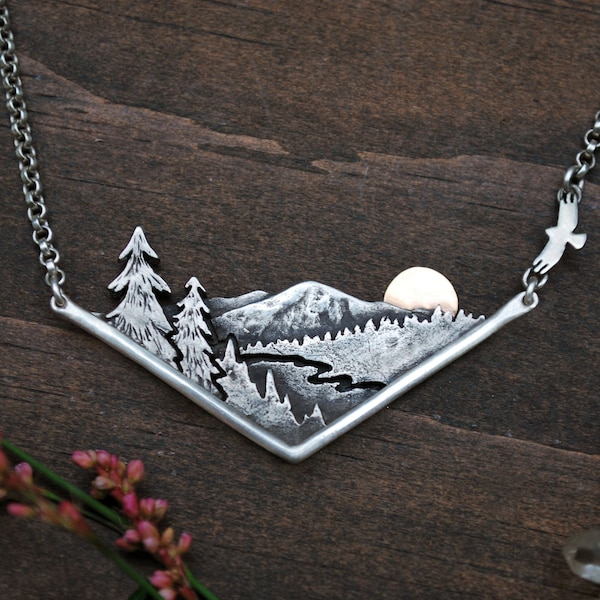 Wandering River - Recycled Sterling Silver Mountain Necklace - 14K Gold Sunset - Chevron Nature Necklace