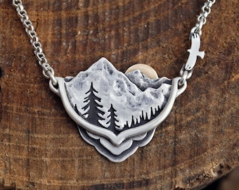 Mountains Within - Sterling Silver & 14K Gold - Mountain Pines Sun Landscape Necklace with Flying Bird - Boho Scalloped Nature Lover Pendant