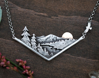 Wandering River - Mountain Valley Sunset - Chevron Nature Necklace - Sterling Silver and 14K Gold - Gift for Hikers Outdoor Lovers