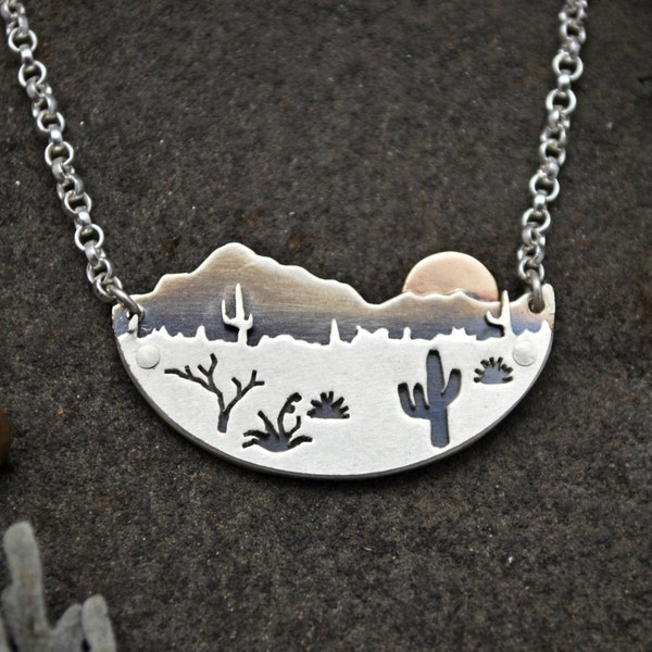Desert Sun Necklace - Silver and 14K Gold Metalwork - Arizona Saguaro Cactus Landscape - Southwestern Boho Jewelry - Mixed Metal