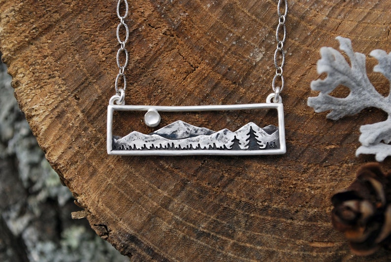 Home in the Valley Moonstone Mountain Range Bar Necklace Full Moon Landscape Sterling Silver Gift for Nature Lovers image 1