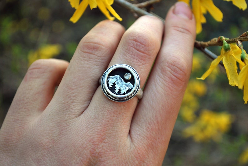 Mountain Shadowbox Ring Moonstone and Sterling Silver Mountain Full Moon Pine Trees Nature Landscape Statement Ring Hammered Band image 3