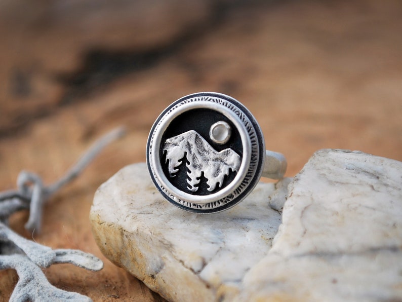 Mountain Shadowbox Ring Moonstone and Sterling Silver Mountain Full Moon Pine Trees Nature Landscape Statement Ring Hammered Band image 4