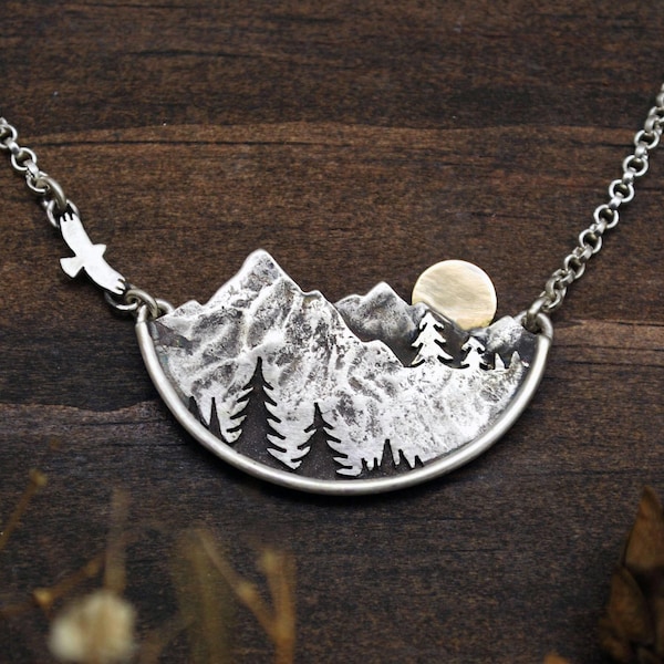 Adventure Awaits - Original Mountain Landscape Necklace - Recycled Sterling Silver & 14K Gold - Forest Hiking Wanderlust Jewelry