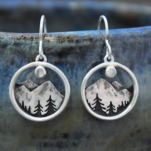 Alpine Dreamer Moonstone Earrings - Mountains and Pine Trees - Sterling Silver Forest at Night Moon Jewelry - Mountain Hoops