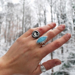 Mountain Shadowbox Ring Moonstone and Sterling Silver Mountain Full Moon Pine Trees Nature Landscape Statement Ring Hammered Band image 10