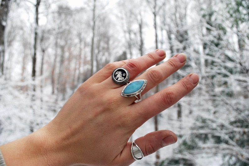 Mountain Shadowbox Ring Moonstone and Sterling Silver Mountain Full Moon Pine Trees Nature Landscape Statement Ring Hammered Band image 10