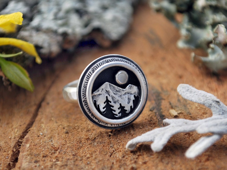 Mountain Shadowbox Ring Moonstone and Sterling Silver Mountain Full Moon Pine Trees Nature Landscape Statement Ring Hammered Band image 1