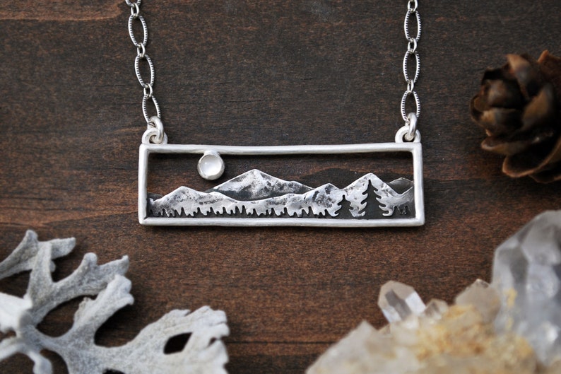 Home in the Valley Moonstone Mountain Range Bar Necklace Full Moon Landscape Sterling Silver Gift for Nature Lovers image 5