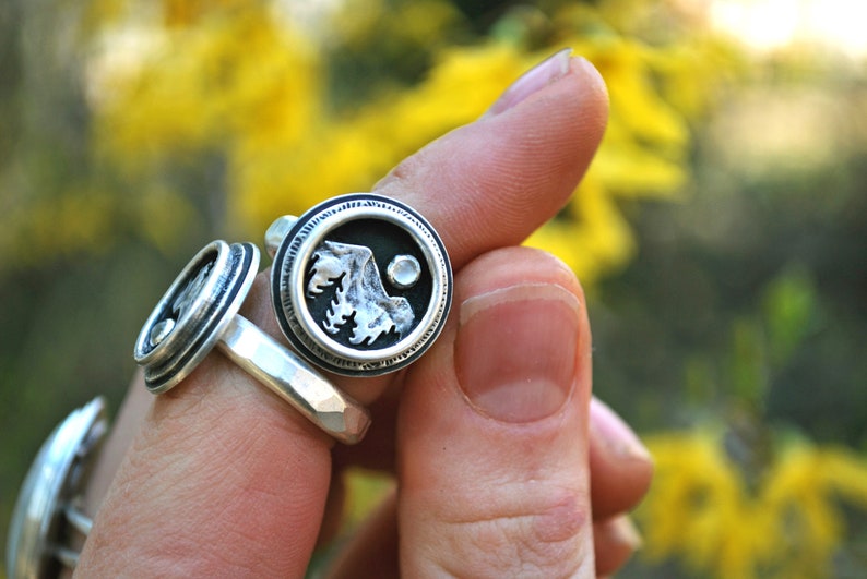 Mountain Shadowbox Ring Moonstone and Sterling Silver Mountain Full Moon Pine Trees Nature Landscape Statement Ring Hammered Band image 2