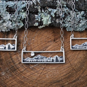 Home in the Valley Moonstone Mountain Range Bar Necklace Full Moon Landscape Sterling Silver Gift for Nature Lovers image 8