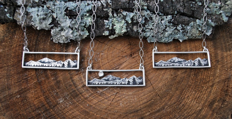 Home in the Valley Moonstone Mountain Range Bar Necklace Full Moon Landscape Sterling Silver Gift for Nature Lovers image 8