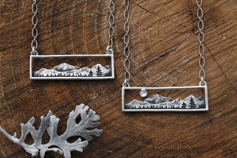 Home in the Valley Moonstone Mountain Range Bar Necklace Full Moon Landscape Sterling Silver Gift for Nature Lovers image 2