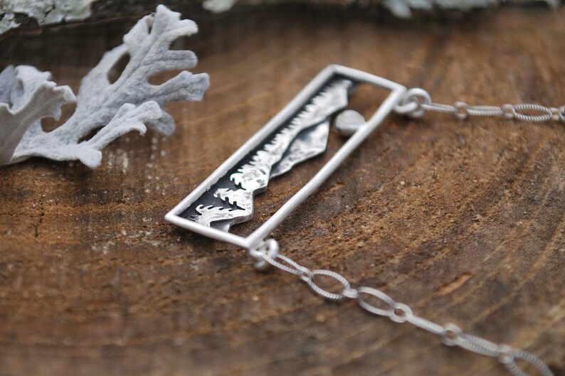 Home in the Valley Moonstone Mountain Range Bar Necklace Full Moon Landscape Sterling Silver Gift for Nature Lovers image 3