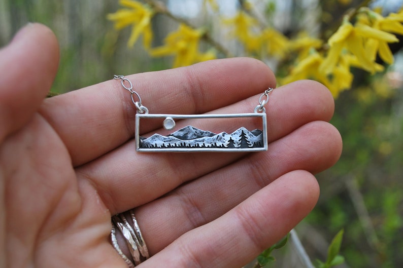 Home in the Valley Moonstone Mountain Range Bar Necklace Full Moon Landscape Sterling Silver Gift for Nature Lovers image 7
