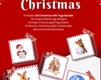 Printable 3D Christmas Gift Tags Bundle | Cute Holiday Gift Tags | Instant Download | 35 Designs + Bonus Gold Tags