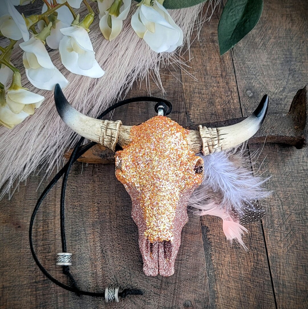 Western Handmade Mirror Hanger Bull Skull Boho Chic Bling Bull Skull
