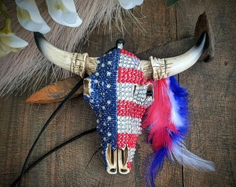 Western handmade mirror hanger Bull Skull, Boho Chic Bling Bull Skull, Rear View Mirror Charm, Feathers USA Flag, Buffalo Head Ornament Boho
