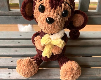 Crochet stuffed monkey, Monkey with Banana,  Monkey Plushie, Monkey Stuffed Animal, amigurumi monkey