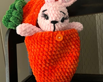 Handmade Crochet Plush Bunny in Plush carrot House - Bunny and Carrot - Stuffed Bunny in Carrot - Amigurumi Bunny and Carrot