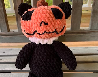 Handmade Crochet Pumpkin Cat Stuffed Animal - Black Cat with Pumpkin Head Plush