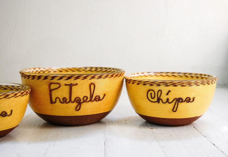 Set De 3 Bols Gigognes Vintage Mid Century - Verre Et Ficelle - Orange Et Jaune