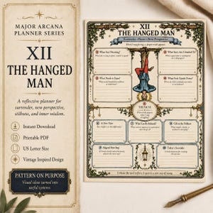 Puede incluir: Una página de la serie Major Arcana Planner titulada XII The Hanged Man, con una ilustración central de una figura colgada boca abajo de una viga de madera. El diseño incluye diez secciones numeradas con indicaciones para la reflexión.