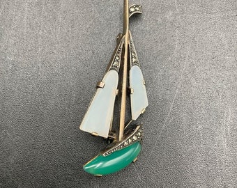 925SterlingSilverMarcasite GreenAgateMotherOfPearl SailboatBrooch SterlingSilverSailboatPin