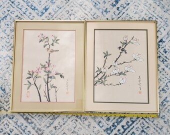 2DoubleMattedFramed ChineseWatercolorOnSilk CherryBlossomWatercolor MagnoliaPainting FlowerBirdSilkWatercolors
