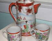Japanese Satsuma Kutani Porcelain Geisha 7 quot Tea Pot and Two Tea Cups Hand Painted