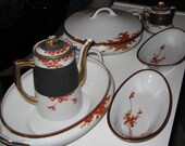Japanese Satsuma Gold and Maple Leaf Tea Set Plus 2 Tureens with 2 Celery Dishes