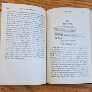 May include: An open book with a yellowed page, showing an excerpt from "Essays of Emerson" and "The Poet" from the book "The Complete Works of Ralph Waldo Emerson". The text discusses the nature of poetry and the poet's role in society.