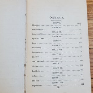 May include: A book titled "Essays: First Series" by Ralph Waldo Emerson. The table of contents lists the essays and their corresponding page numbers.