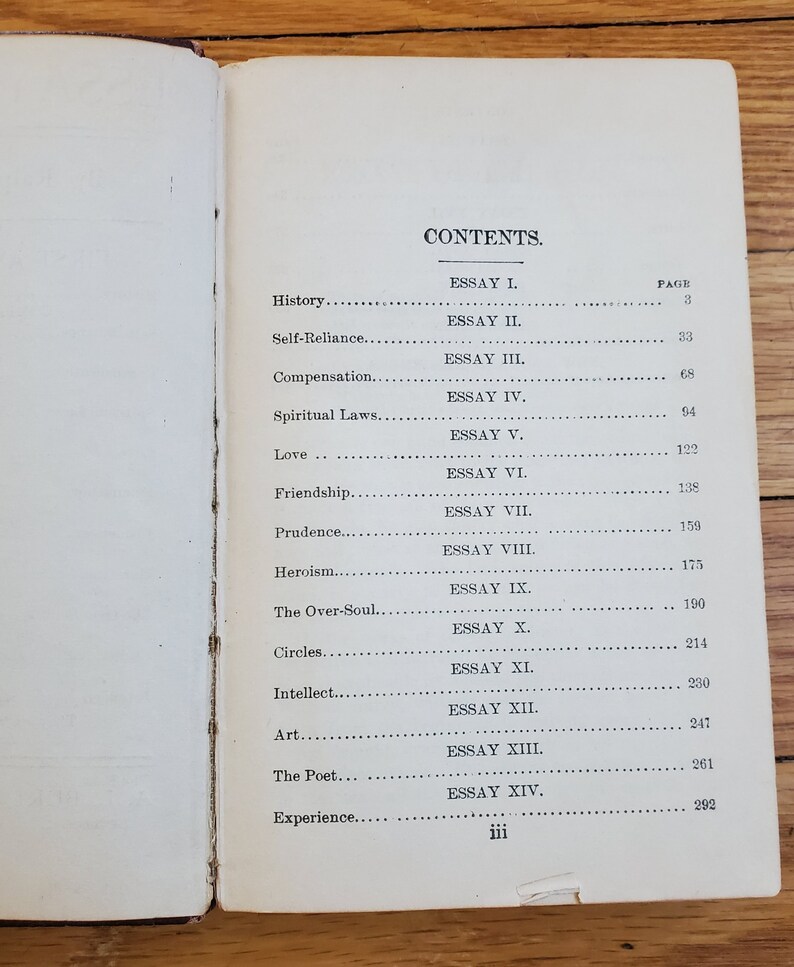 May include: A book titled "Essays: First Series" by Ralph Waldo Emerson. The table of contents lists the essays and their corresponding page numbers.