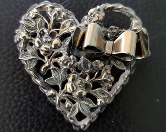 2" LangSterling FloralHeartBowBrooch