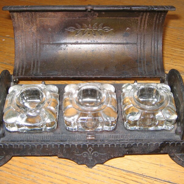 Antique Vintage Metal Inkwell Holder and 3 Glass Inkwells