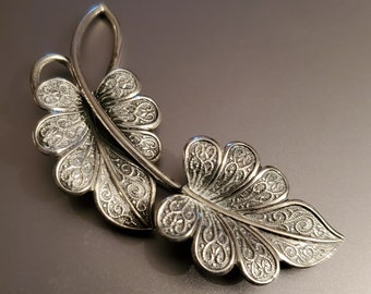 1940'sSignedBeauSterling SilverScrollWorkEmbossed DoubleLeafBrooch10.5grams